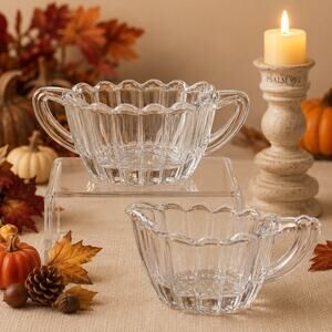 Heisey Crystolite Creamer Sugar Bowl Set Clear Glass Ribbed Vintage Elegant